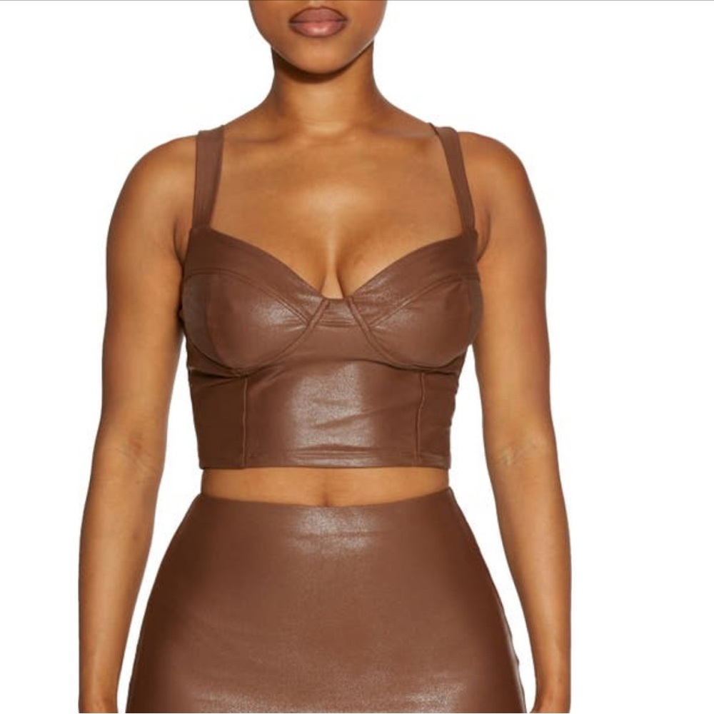 NAKED WARDROBE
Faux Leather Bustier Crop Top In Brown Size Small